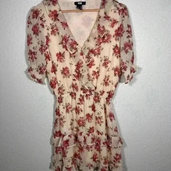 PAIGE Women Silk Floral Ruffle Mini Dress Cream Red Short Sleeve XS - Picture 3 of 6
